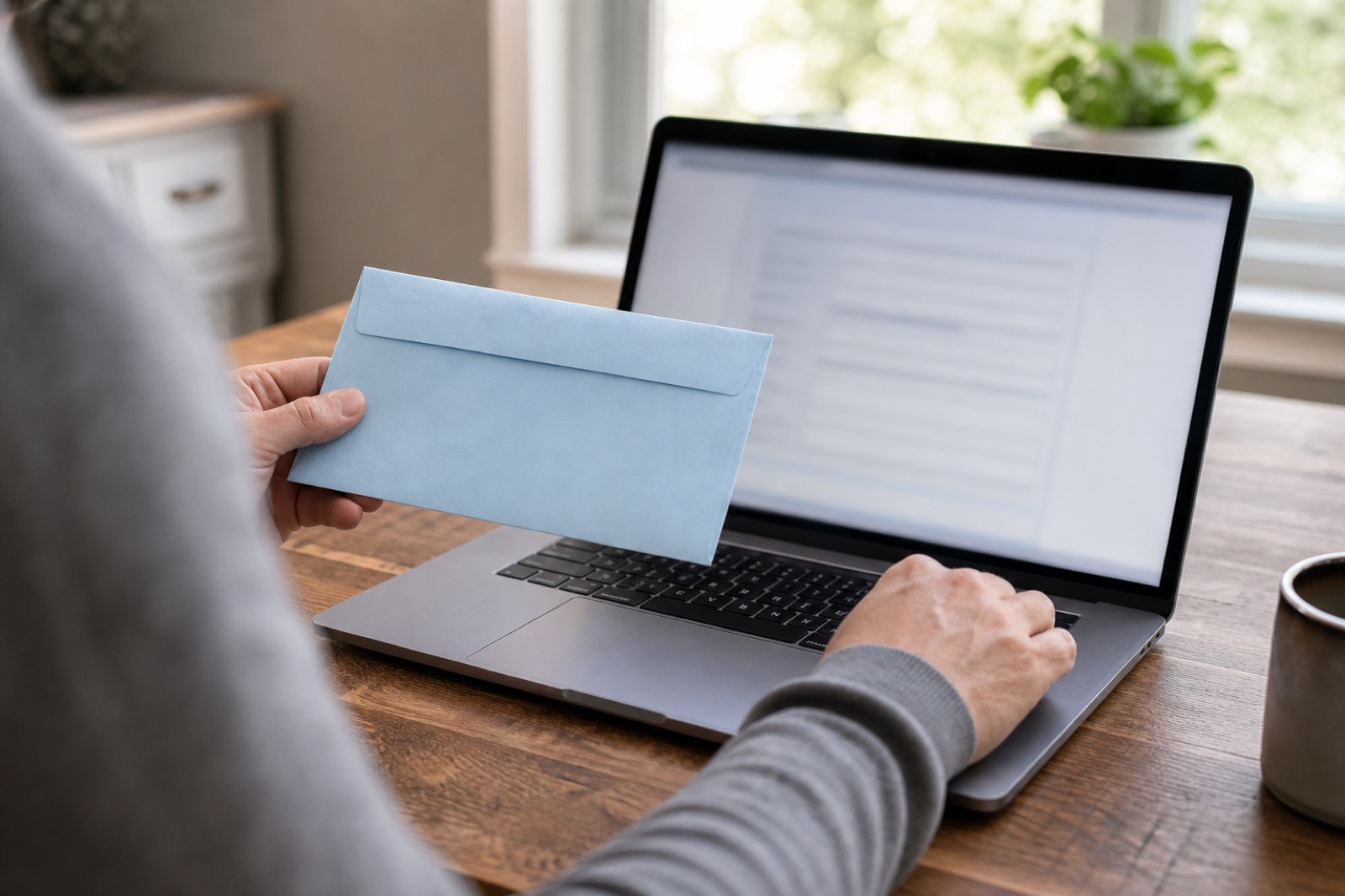 Person am Laptop mit einem Brief des Beitragsservice