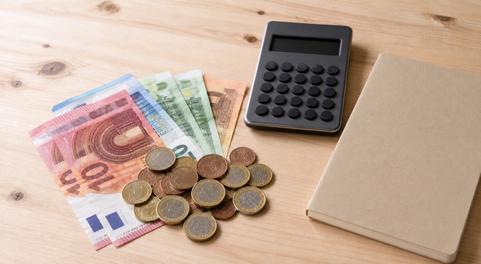 Euromünzen und Taschenrechner zur Berechnung des Rundfunkbeitrags