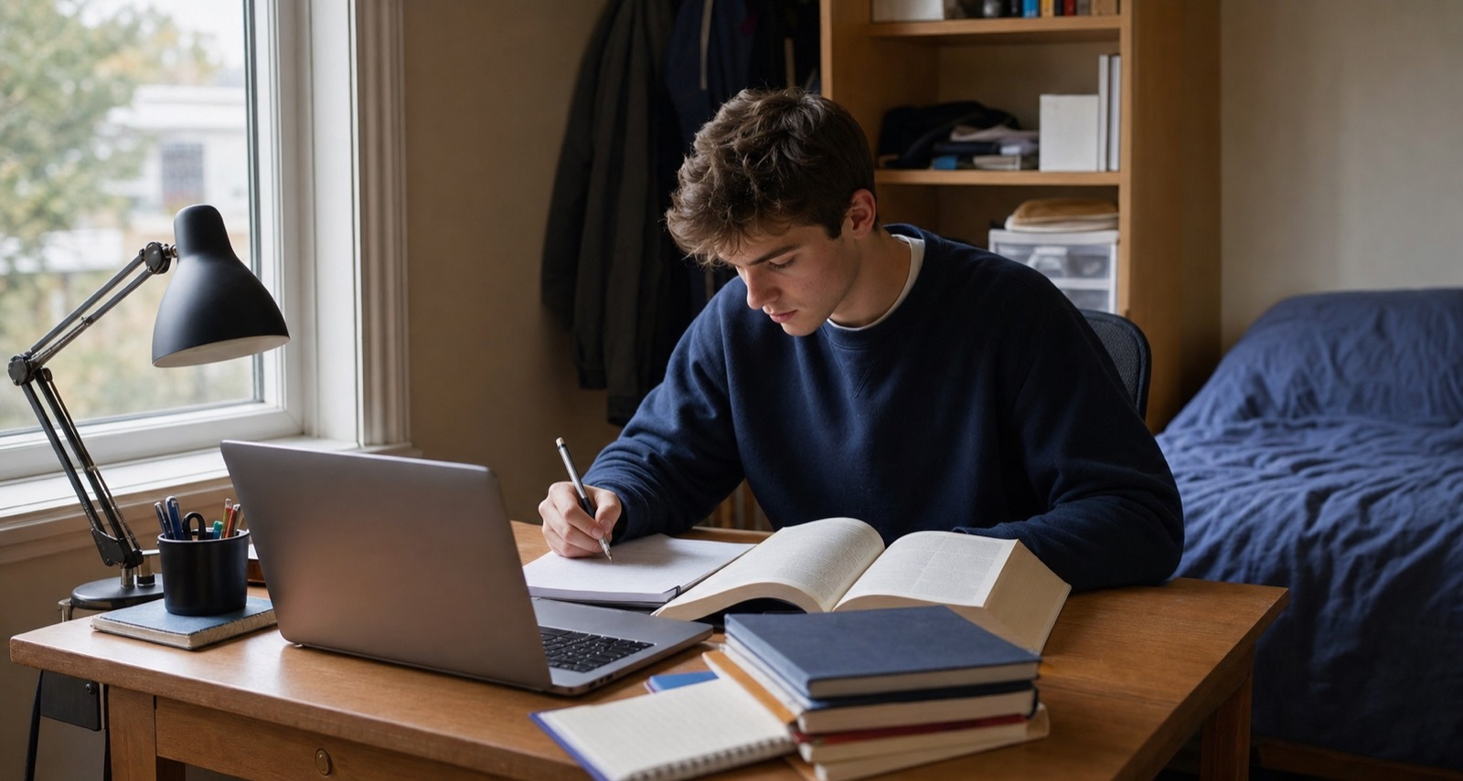 Studentin am Schreibtisch mit Laptop in einer kleinen Wohnung